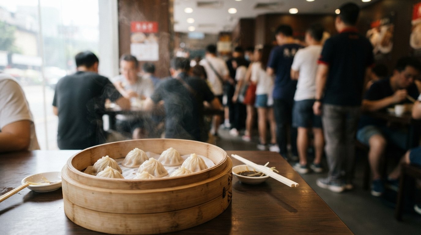 steamed xiao long bao at Din Tai Fung on Yee Wo Street, arranged in a bamboo basket with a queue blurred in the background
