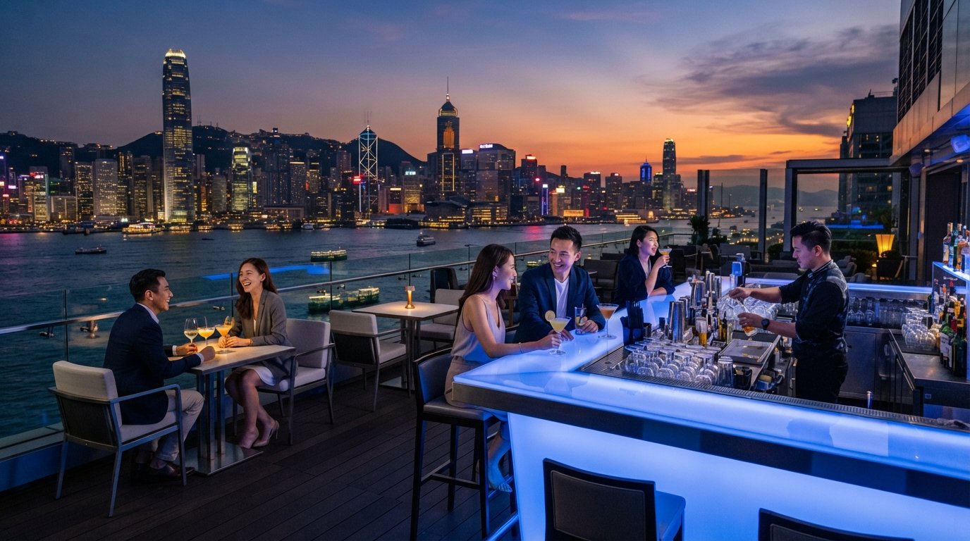 SKYE Roofbar & Brasserie on the 27th floor of The Park Lane Hong Kong, with a blue-lit bar and harbour view at sunset
