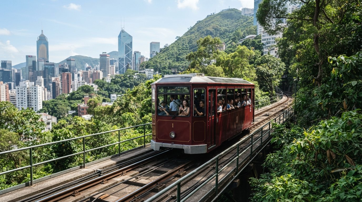 the Peak Tram climbing from Garden Road, its steep track pulling uphill toward Victoria Peak under a bright Hong Kong sky