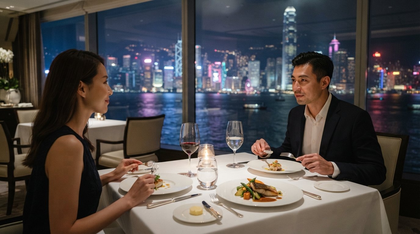 a harbour-view table at Caprice inside the Four Seasons, white linen, city lights and plated French fine dining in the foreground