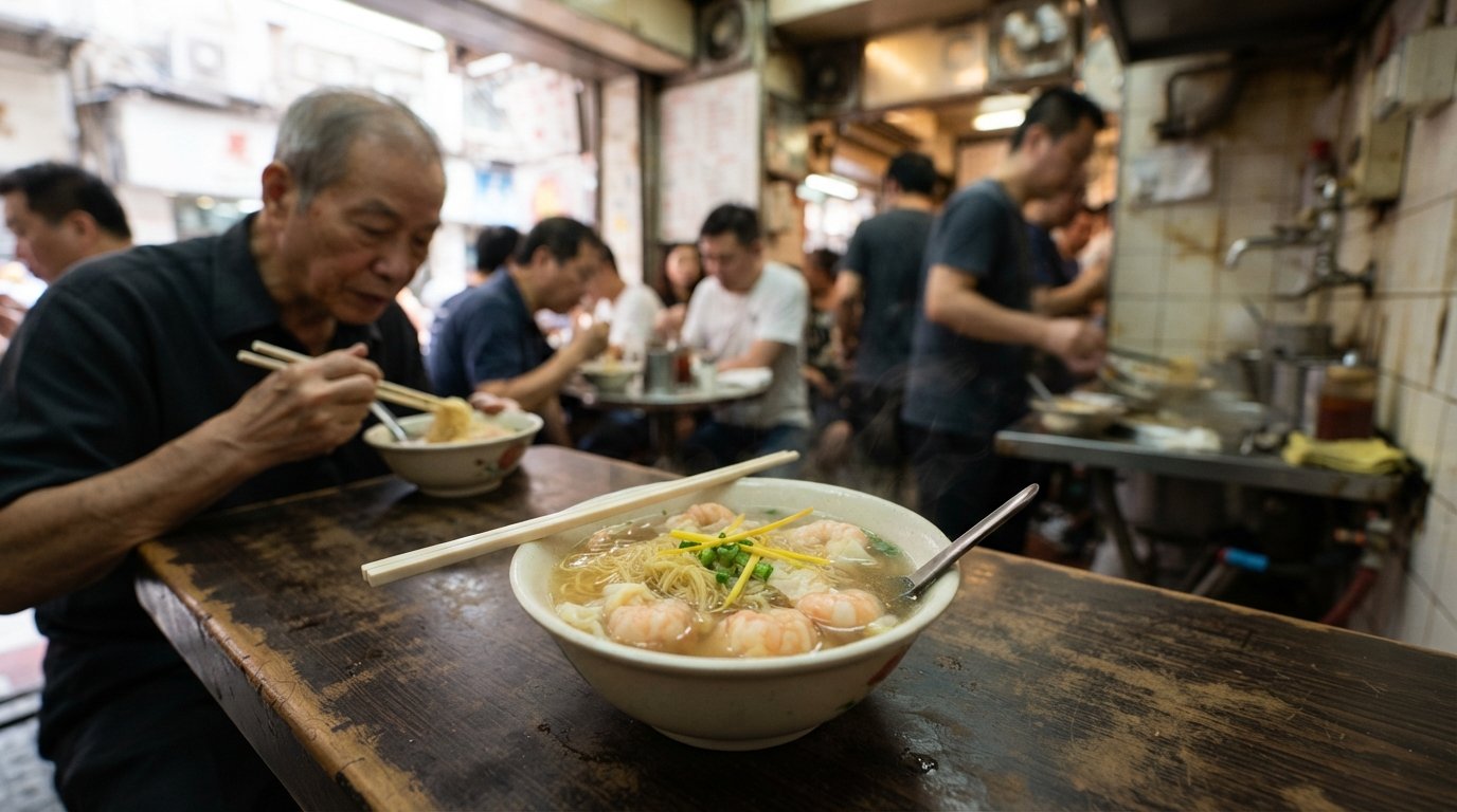 a bowl of wonton noodles at Mak’s Noodle on Wellington Street, clear broth, springy noodles and a narrow old-school counter