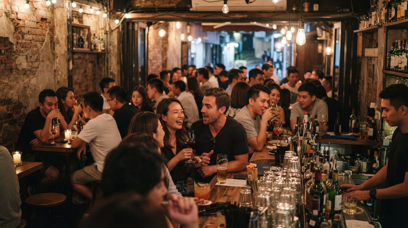 Bar Leone on Bridges Street at evening, warm lights, a compact crowd and a casual Italian cocktail bar atmosphere