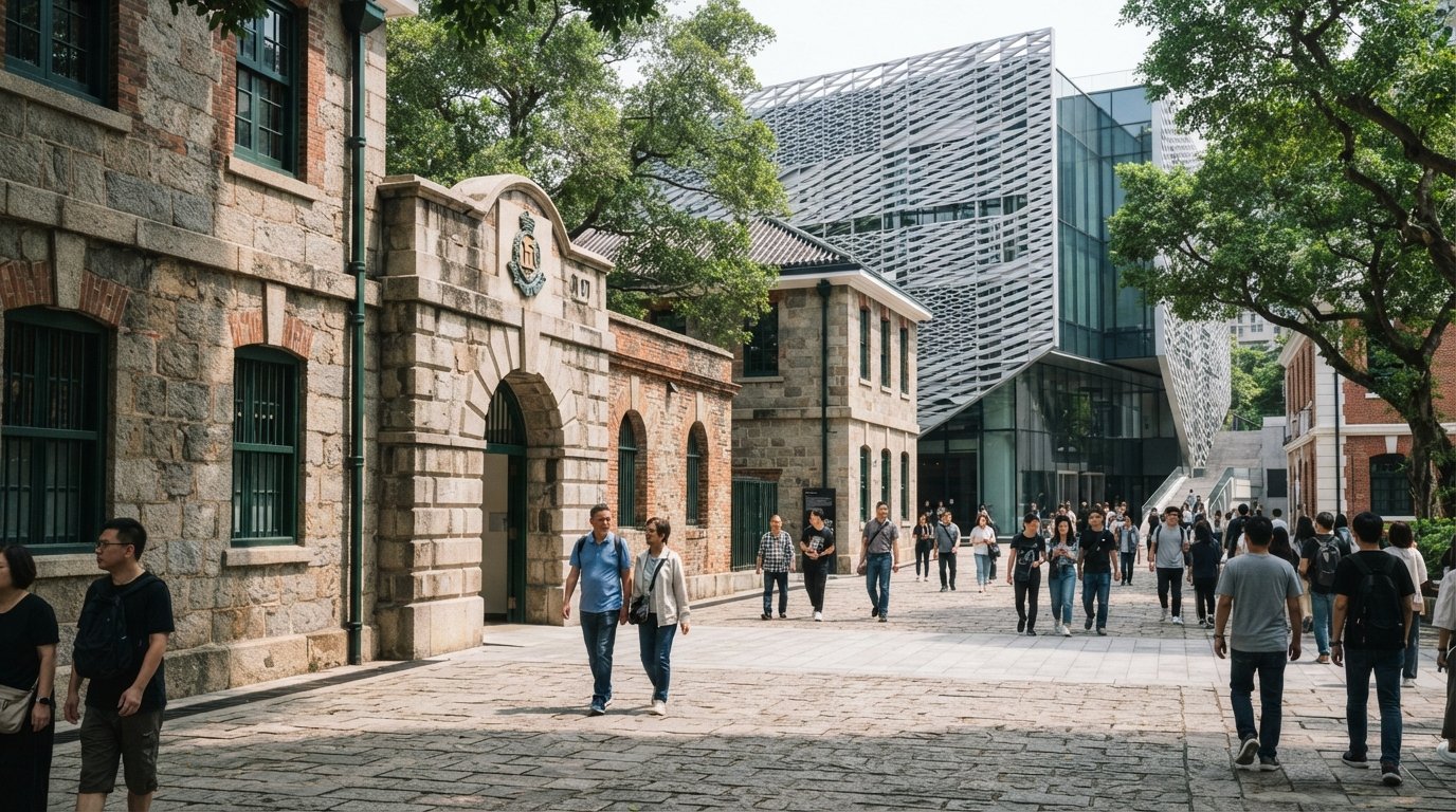 Tai Kwun’s old prison courtyards and heritage stone walls beside contemporary gallery blocks, bright daylight and people moving through the compound