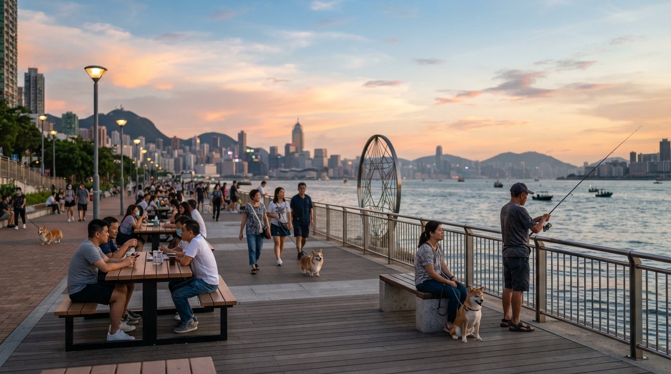 Belcher Bay Promenade on Shing Sai Road at sunset, locals by the waterfront boardwalk, picnic tables, dogs and fishermen facing the open western harbour