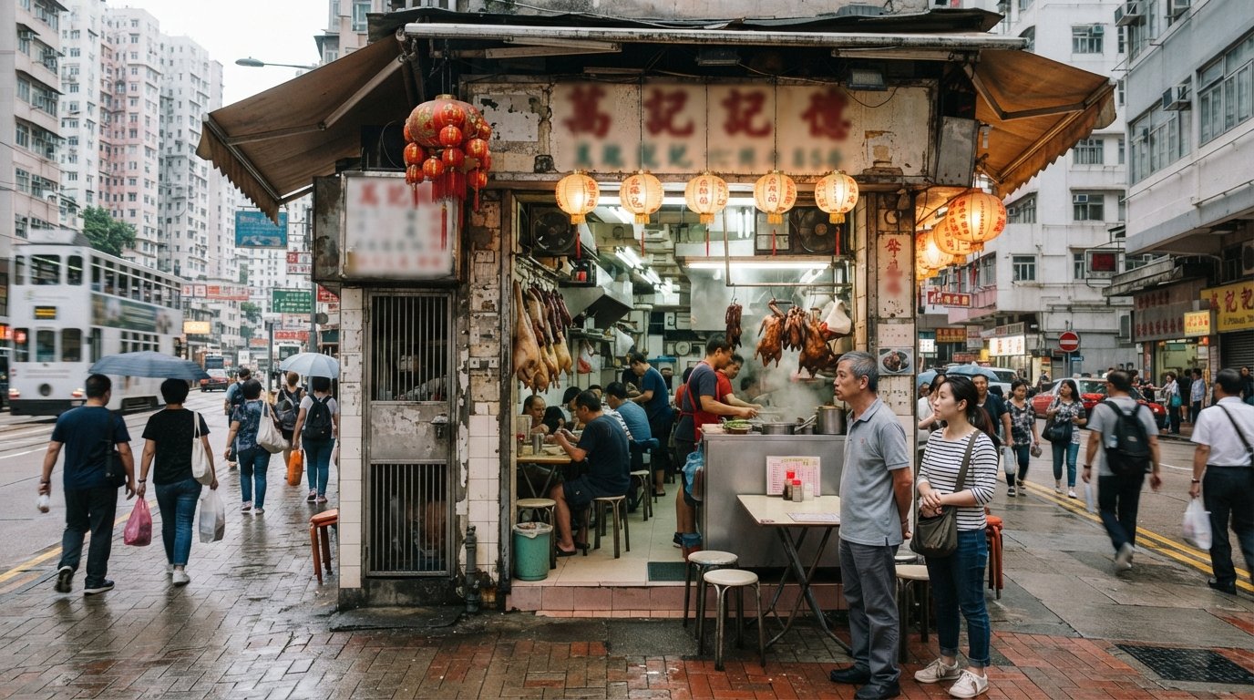 Tak Kee on Belcher’s Street, a humble Chiu Chow restaurant frontage with diners waiting for braised goose and oyster pancakes