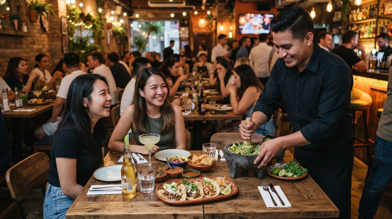a table at 11 Westside on Davis Street with tacos and tableside guacamole being assembled, warm restaurant lighting and a lively room