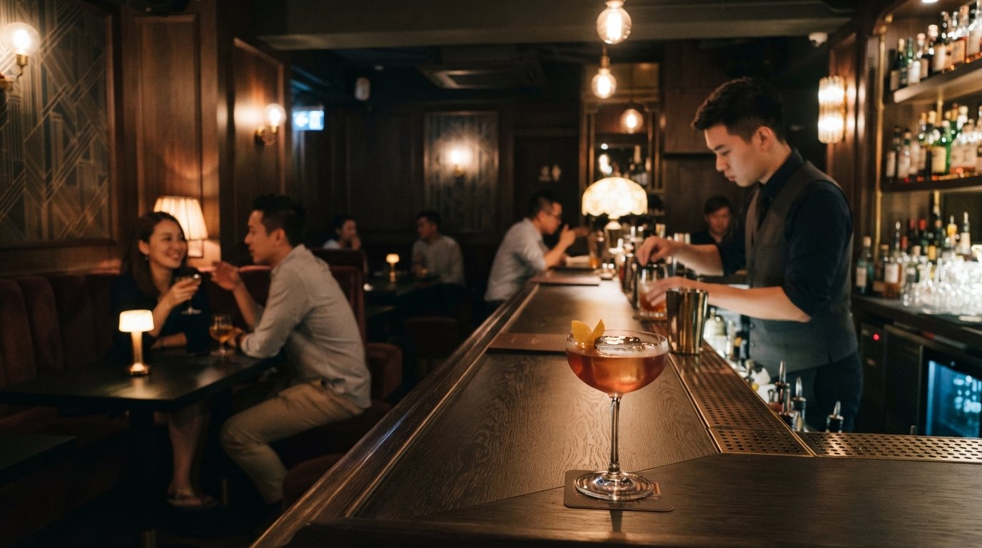 The Wilshire Bar inside 11 Westside, speakeasy-style cocktail room with LA art-deco details, low lighting and a creative cocktail on the bar