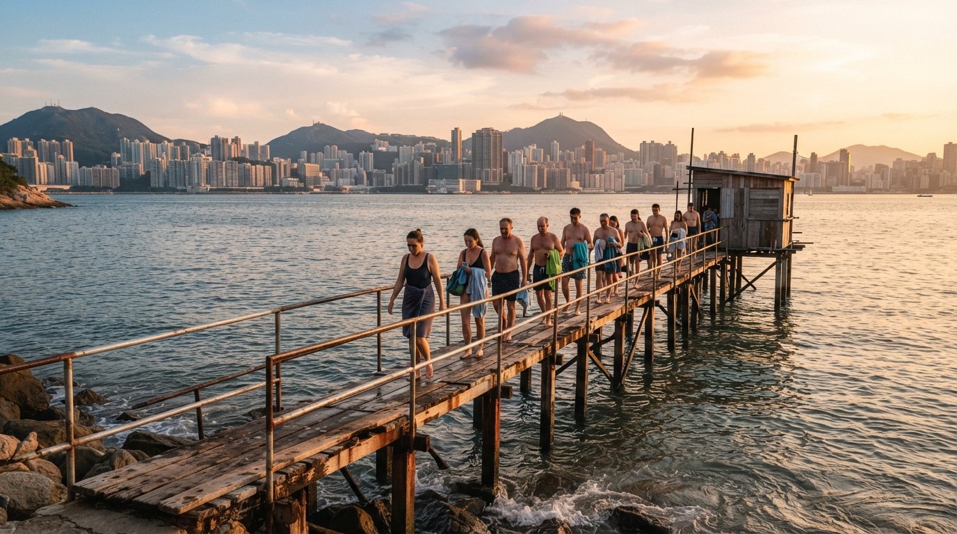 Sai Wan Swimming Shed at golden hour, the 1950s wooden bathing pier extending into the sea with a small queue on the narrow jetty