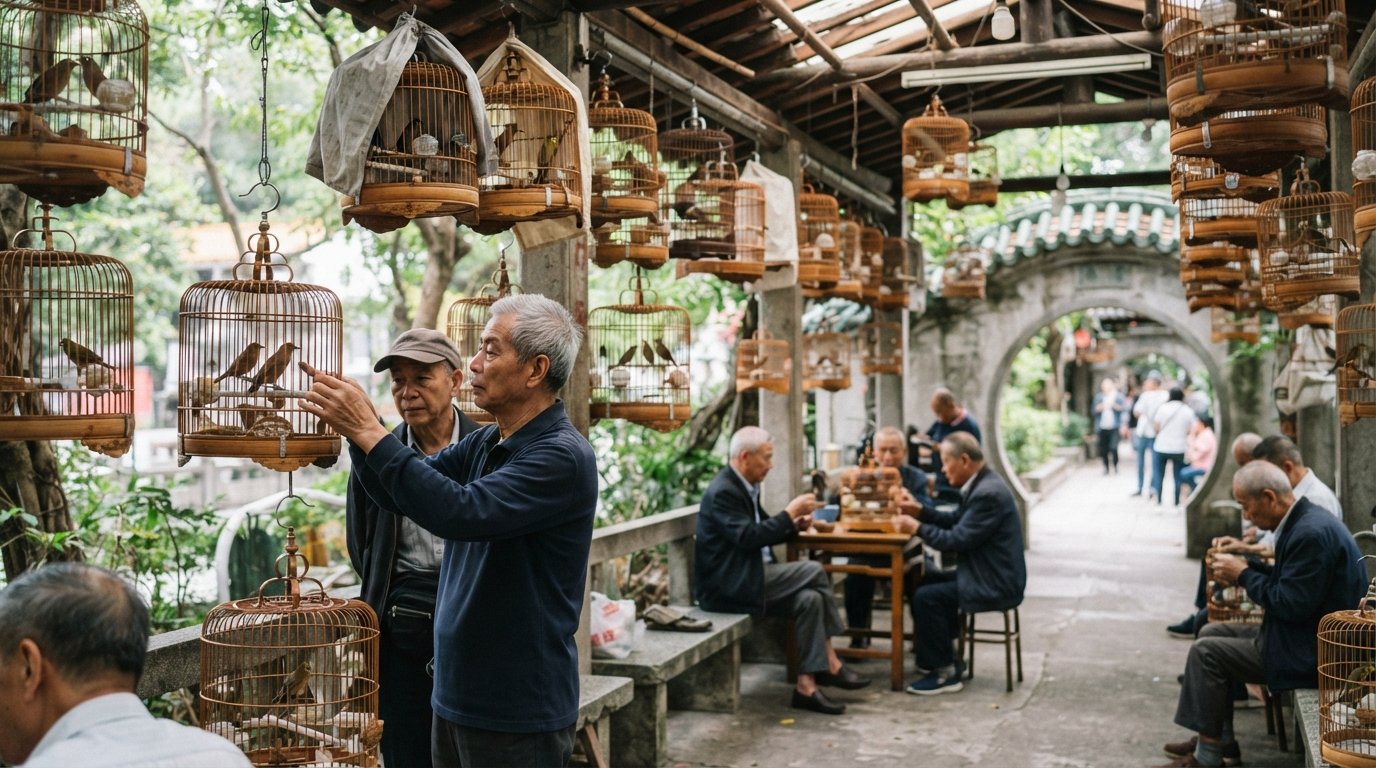 the Yuen Po Street Bird Garden near Prince Edward, bamboo bird cages hanging under a covered walkway with older men tending songbirds