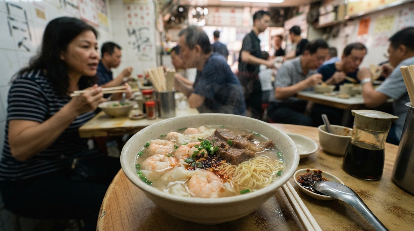 a steaming bowl of shrimp-wonton and beef-brisket noodles at Good Hope Noodle on Fa Yuen Street, seen close up on a shared table