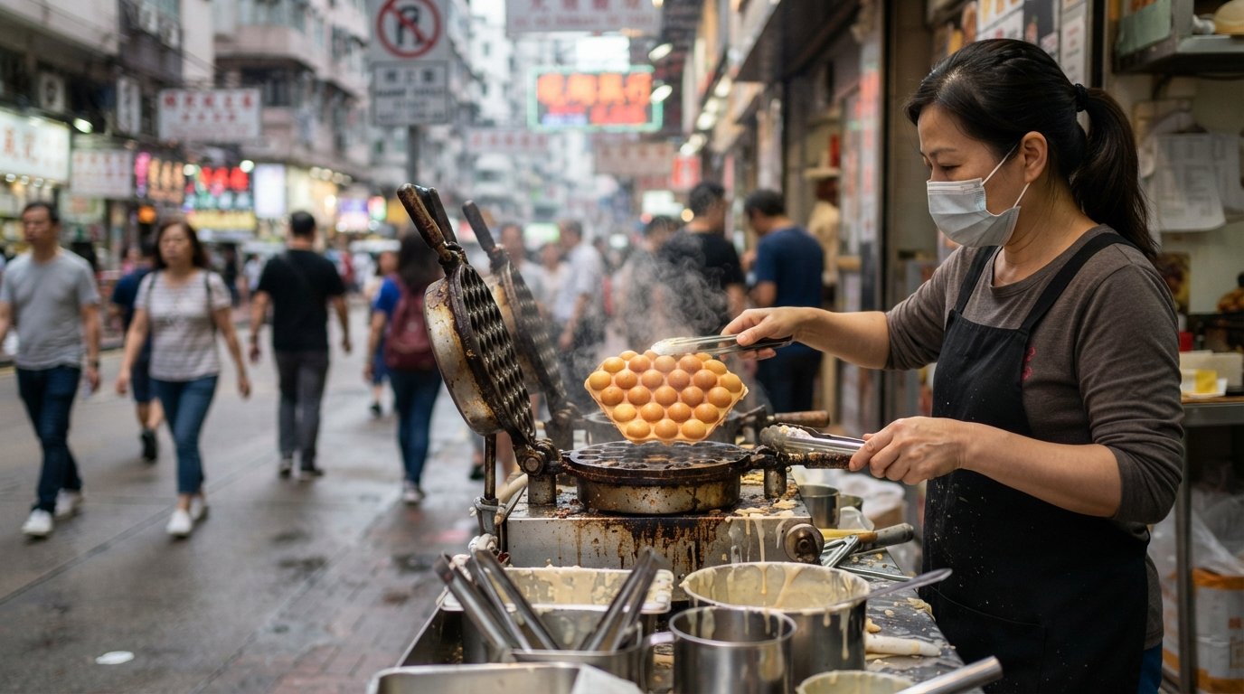 Mammy Pancake at 43 Dundas Street, fresh bubble-shaped egg waffles rising from the iron, steam and golden batter in the frame