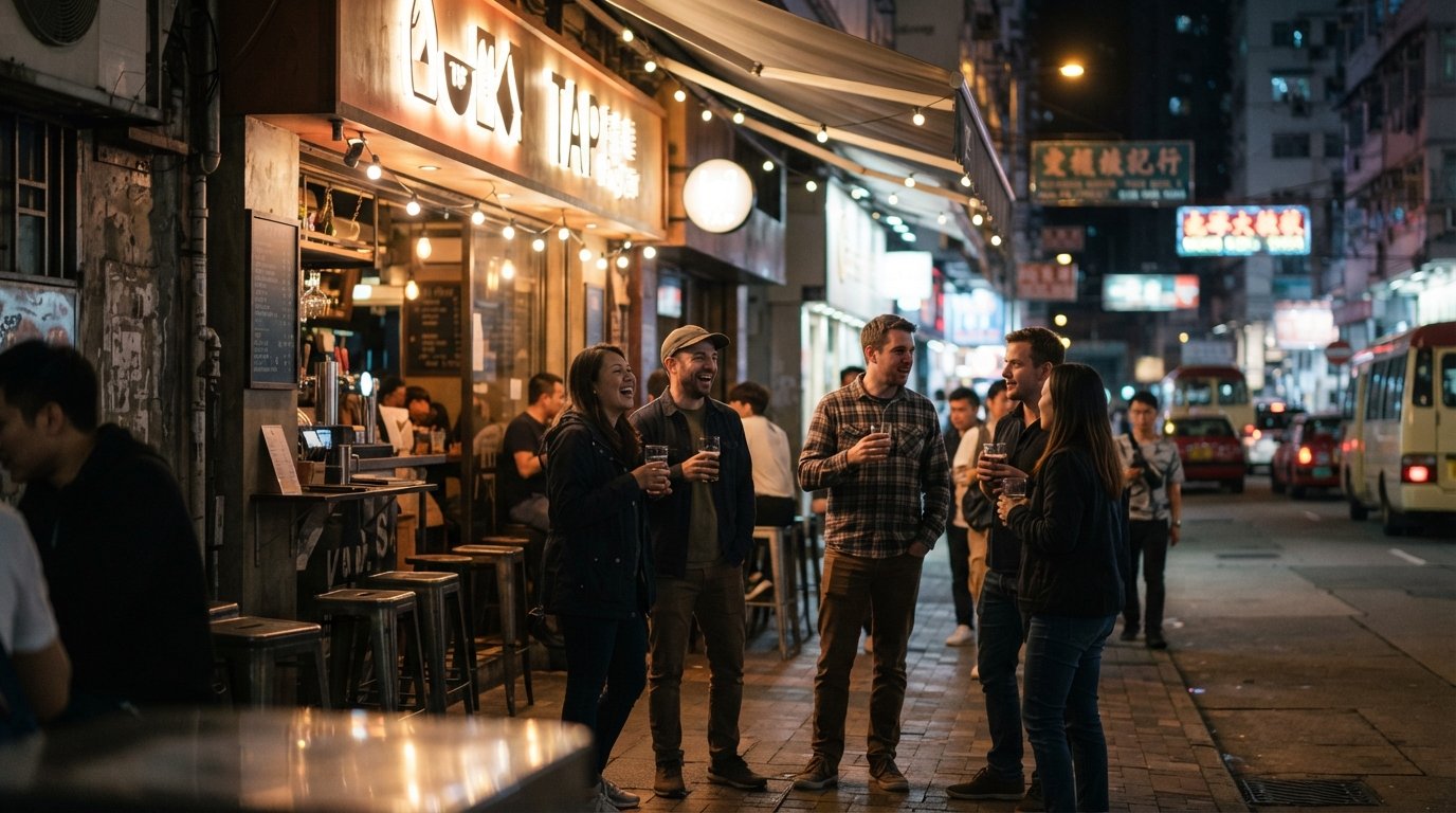 TAP - The Ale Project on Hak Po Street at night, a glowing craft-beer bar frontage with people gathered under neon and streetlight