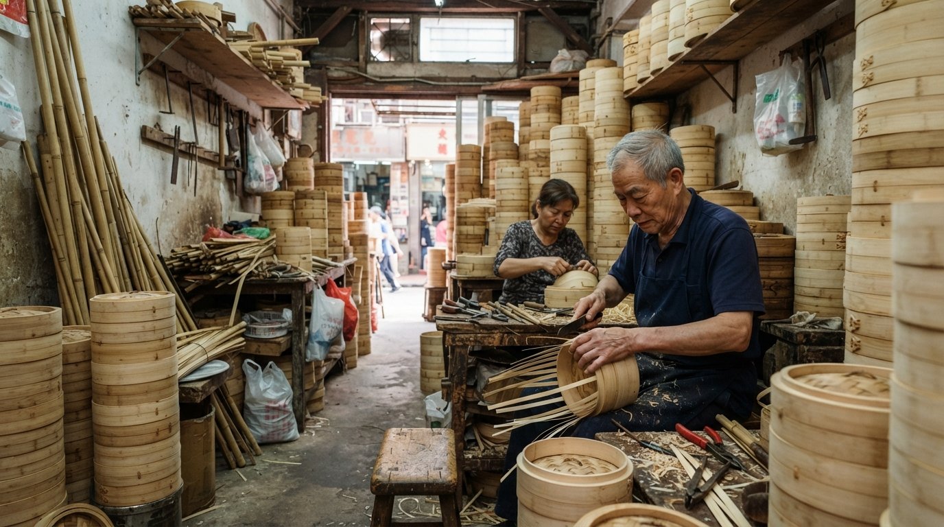 a fifth-generation bamboo steamer workshop at Tuck Chong Sum Kee Bamboo Steamer Company on Western Street, stacked handmade steamers and bamboo tools in soft daylight