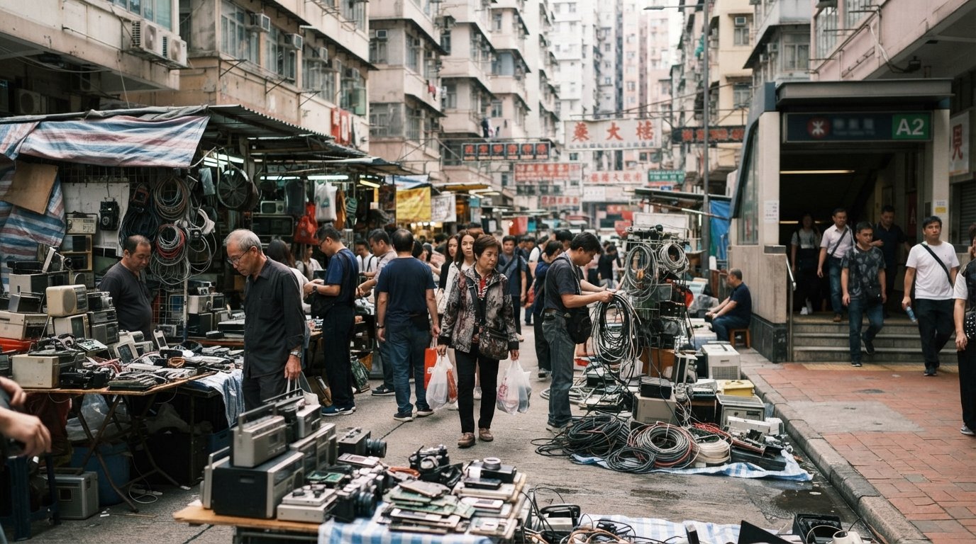 Apliu Street in Sham Shui Po at daytime, crowded pavement stalls spilling salvaged electronics, cables, vintage cameras and phone parts from the MTR Exit A2 side