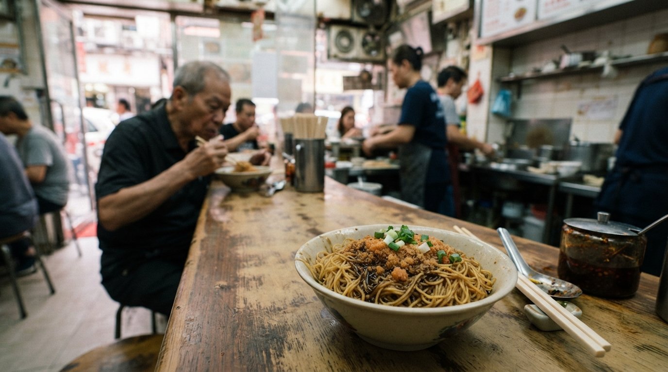A bowl of shrimp-roe lo mein at Lau Sum Kee, springy noodles glistening with savoury sauce and shrimp roe on a simple counter table