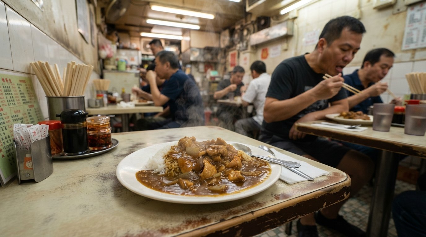 a steaming plate of chicken fillet in curry-sauce rice at Yuk Kin on Tai Ping Shan Street, old-school cha chaan teng plating under fluorescent light