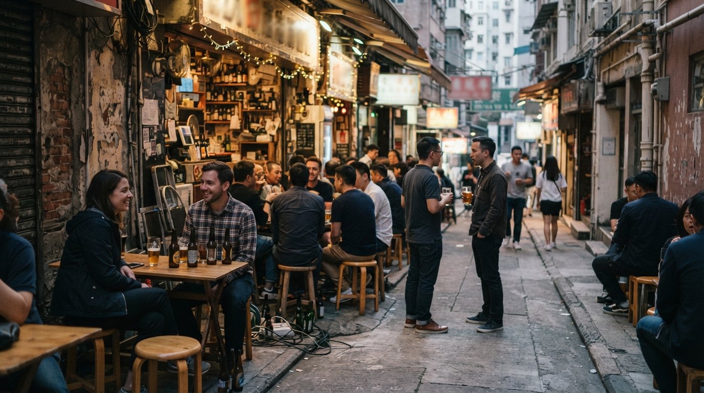 the alley-side beer garden at Craftissimo on Tai Ping Shan Street, stools and bottles tucked into a narrow Sheung Wan lane at dusk