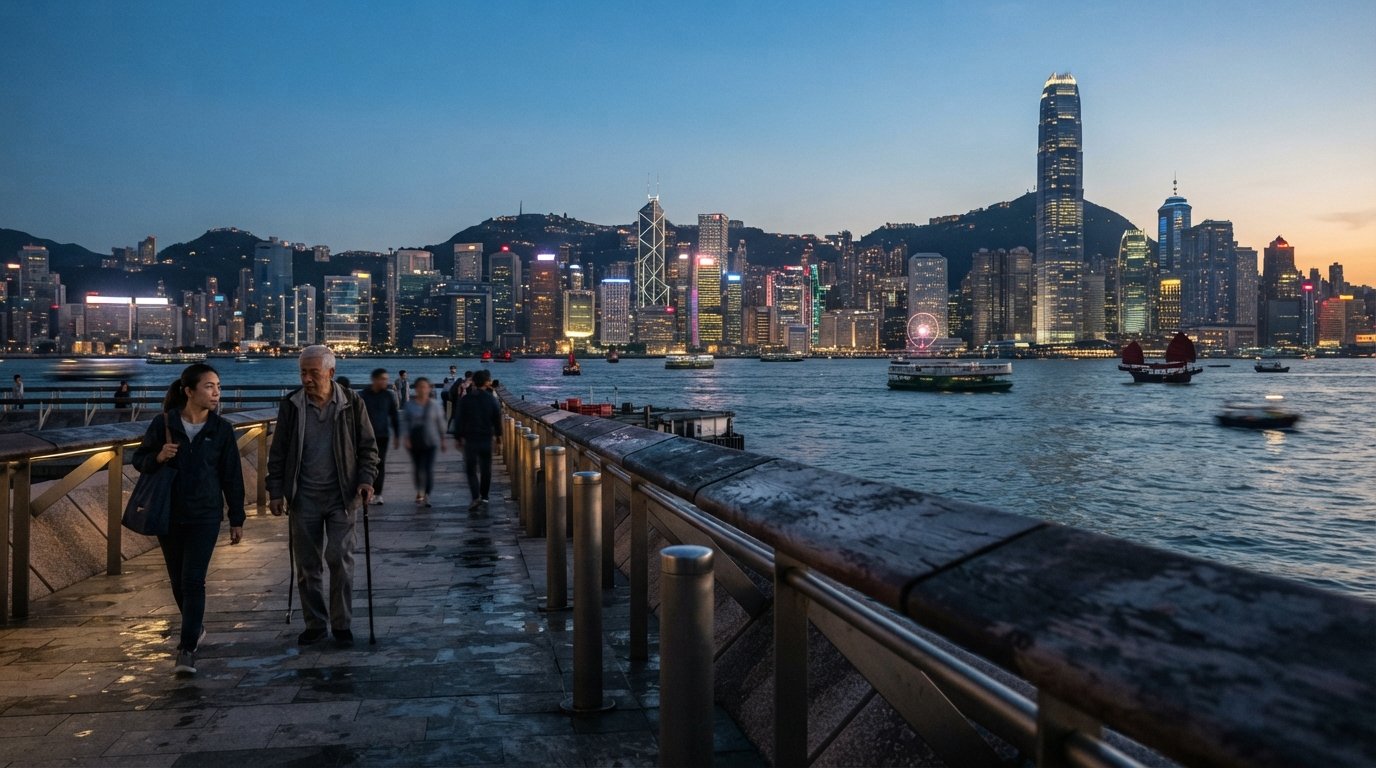 暮色中的尖沙咀海滨长廊,前景是港湾栏杆,香港岛天际线在维多利亚港对岸闪耀