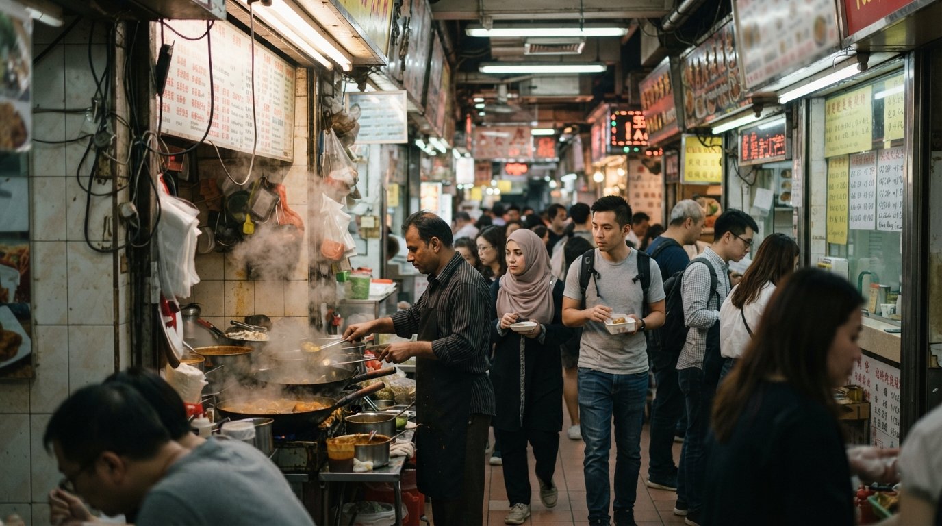 重庆大厦食品摊的狭窄内部,荧光灯、咖喱蒸汽、货币兑换柜台和手写菜单沿弥敦道