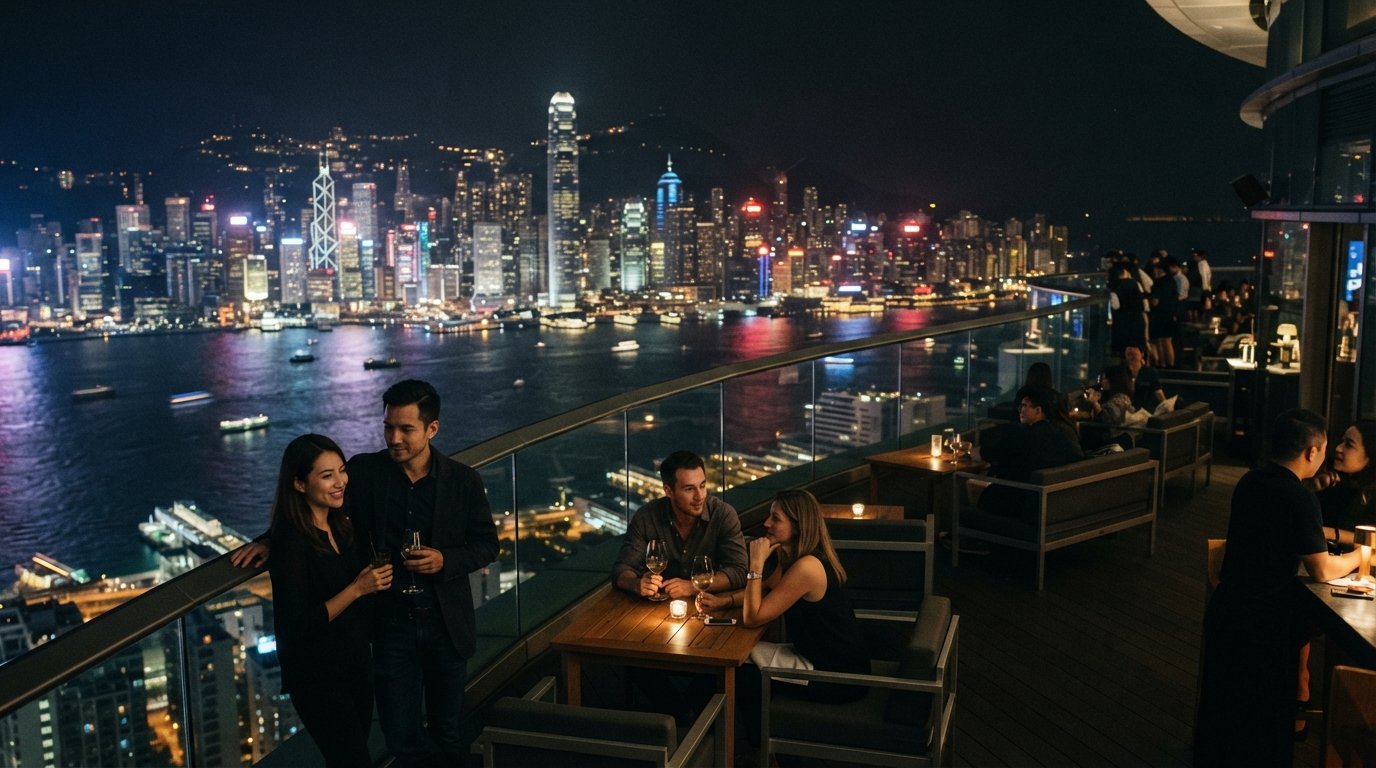 Ozone港湾景观露台,高耸于ICC之上,下方夜空天际线,维多利亚港延伸至远方