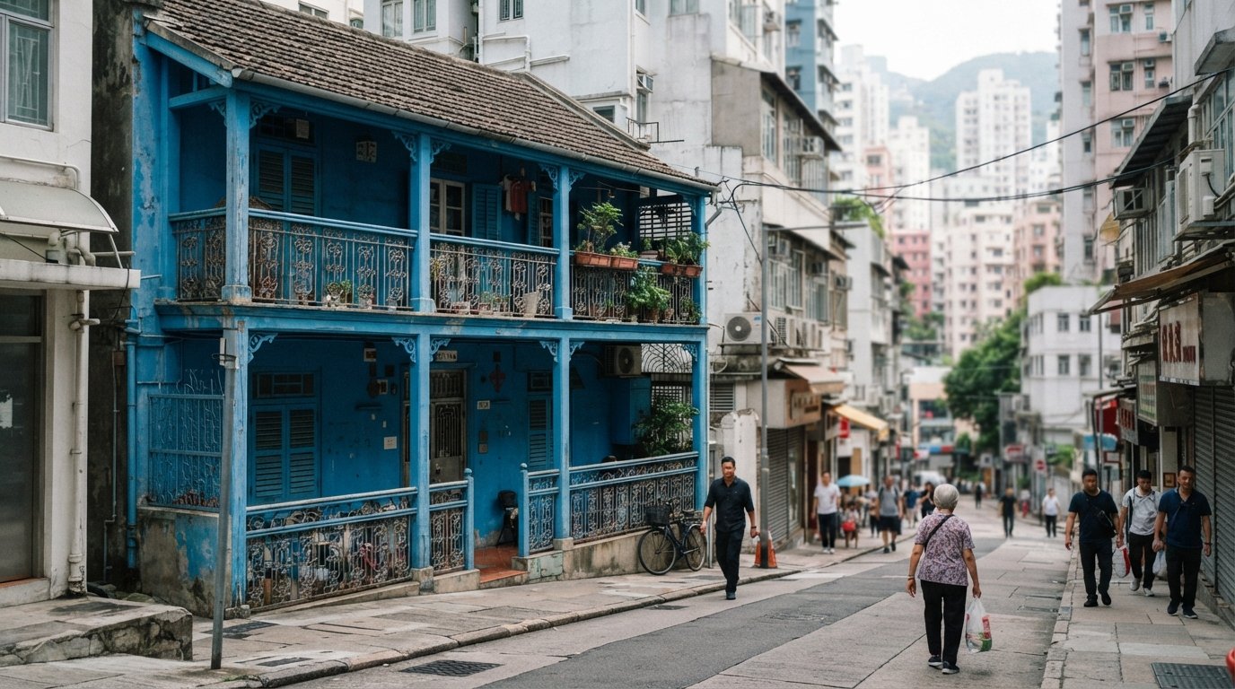 the Blue House on Stone Nullah Lane in Wan Chai, its bright blue balcony facade and narrow street framed at daytime