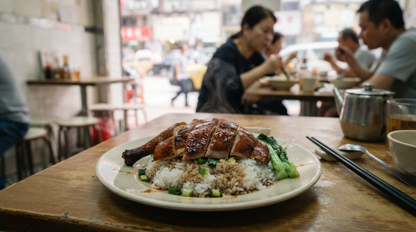 roast goose over rice at Kam's Roast Goose on Hennessy Road, glossy skin and steam rising from a simple plate in a bright casual dining room