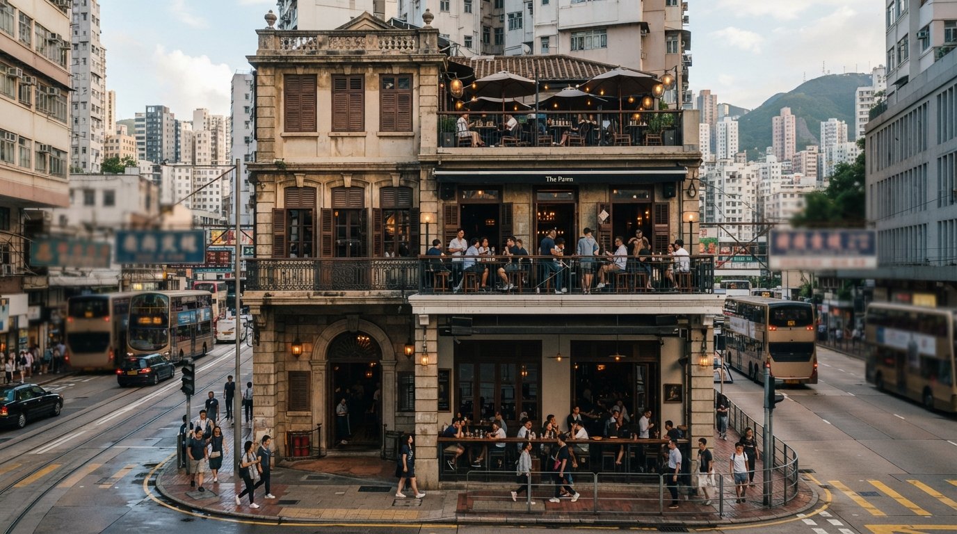 the restored Woo Cheong Pawn Shop building housing The Pawn on Johnston Road, heritage facade and terrace tables in late afternoon light
