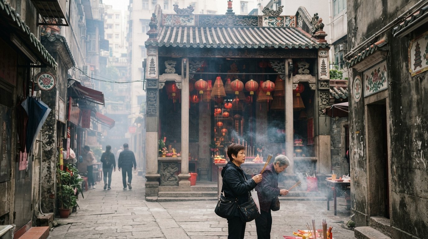 Pak Tai Temple on Lung On Street in Wan Chai, the temple entrance framed by narrow lane walls and incense smoke in soft daylight
